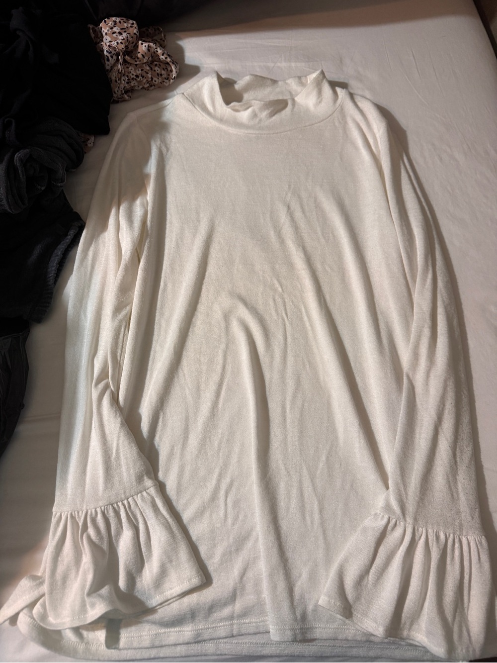 White House Black Market Cream Mock Neck Top with Ruffle Cuffs